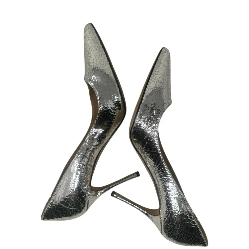 Sergio Rossi Godiva Platinum Mirror Grained Leather Pointed Toe 90mm Pumps 10